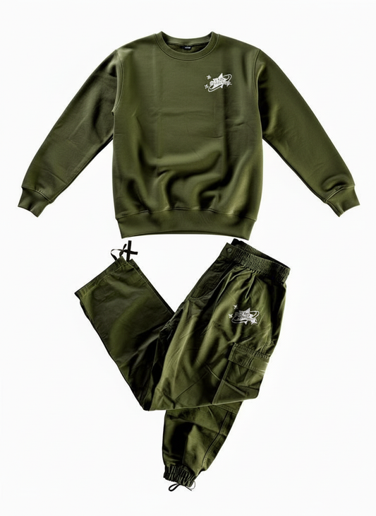 Olive sweater and Nylon Windbreaker Cargo Pants Set